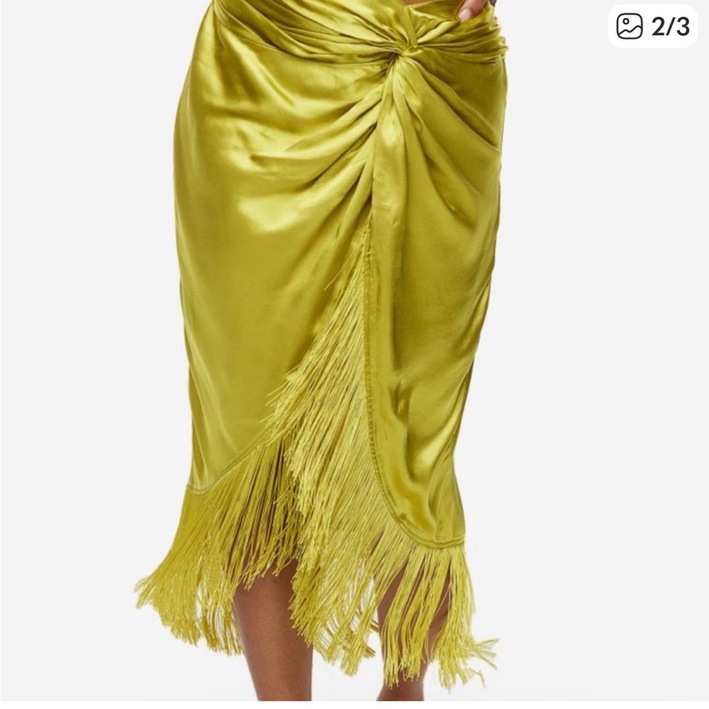 H&M Satin Fringe Midi Skirt in Chartreuse